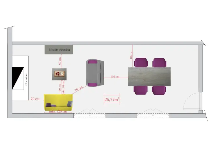 Plan d'une pièce avec canapé jaune, table de télévision, et table à manger. La distance entre table et mur est de 110 cm.