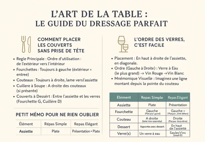 Guide pour la mise en place des couverts et verres sur une table. Conseils pour un dressage parfait.