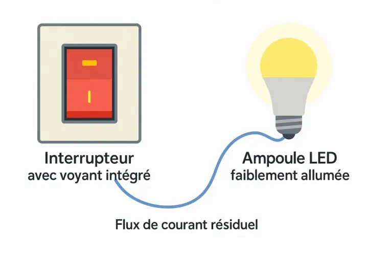 Interrupteur avec voyant intégré et ampoule LED faiblement allumée, expliquant le flux de courant résiduel qui peut faire clignoter un plafonnier LED.