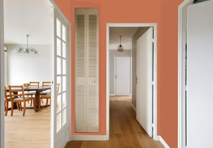 Couleur tendance 2026 : un couloir chaleureux avec des portes ouvertes sur une salle à manger et un passage.
