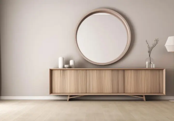 Un miroir rond et des vases minimalistes : des idées pour que mettre au dessus d'un buffet.