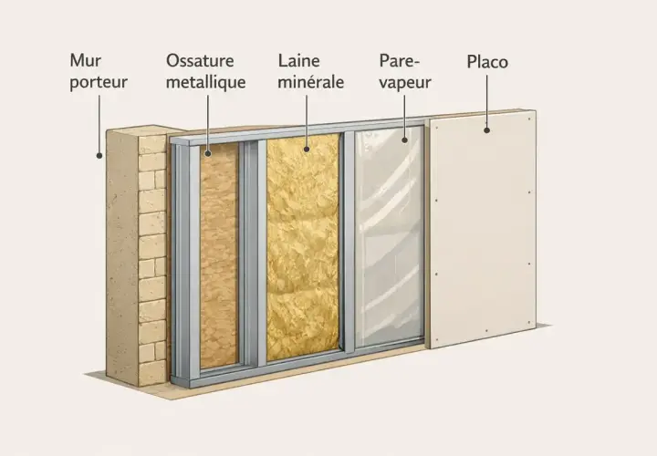 Coupe d'un mur montrant l'isolation intérieure d'un appartement : mur porteur, ossature métallique, laine minérale, pare-vapeur et placoplâtre.