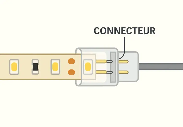 Connecteur pour ruban LED, permettant un branchement direct et facile.