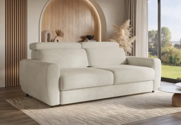 Canapé beige côtelé, ambiance cosy. Parfait pour se détendre et se demander "que veut dire bz" en admirant la vue.