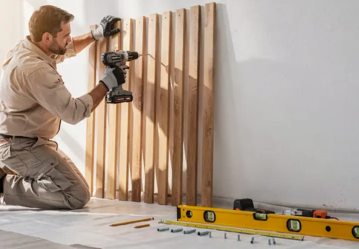 Un homme fixe des tasseaux en bois au mur avec une perceuse, une méthode astucieuse pour fixer des tasseaux au mur sans percer.