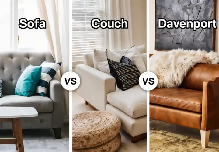 Trois meubles : un divan gris, un canapé blanc et un fauteuil en cuir marron. Quelle est la différence entre divan et canapé ?