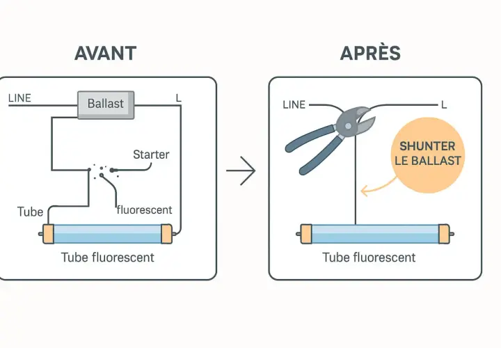 Schéma avant/après pour remplacer un néon par une LED : on coupe le ballast.