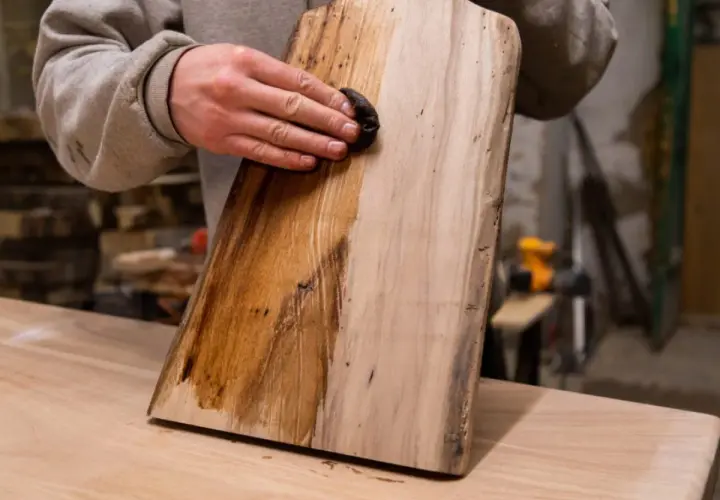 Application d'une solution pour le vieillir du bois, peut-être du bicarbonate de soude, sur une planche. La moitié gauche est foncée, l'autre est claire.