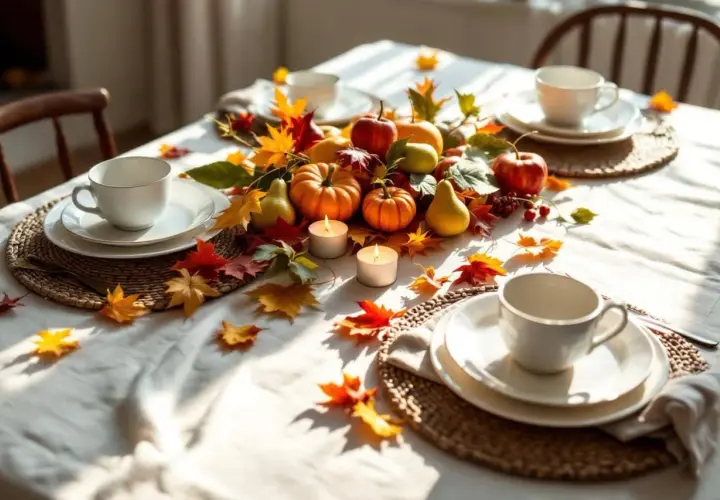 Décoration table automne facile : citrouilles, poires, pommes et feuilles d'automne créent une ambiance chaleureuse. Bougies allumées pour un dîner convivial.