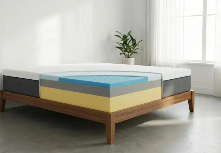 Coupe d'un matelas multicouche sur un sommier en bois. Ce matelas qui ne s'affaisse pas offre un soutien optimal pour un sommeil réparateur.