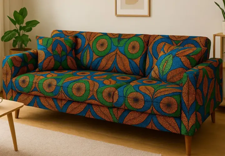 Canapé aux motifs africains colorés. Ce tissu audacieux, quel est le meilleur tissu pour canapé, apporte une touche vibrante à votre salon.
