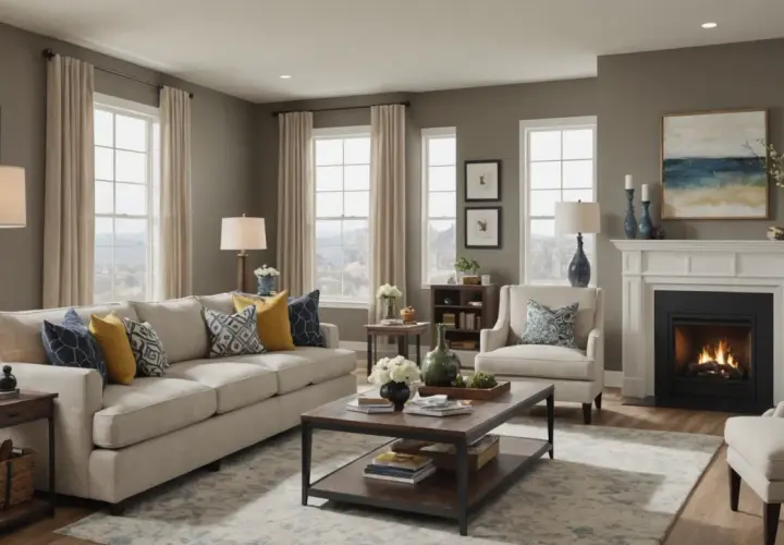 Quel budget pour meubler une maison neuve ? Un salon cosy avec canapé, fauteuils, table basse, cheminée et vue sur la nature.