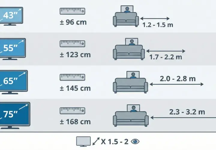 Guide pour la hauteur idéale d'une tv murale : tailles d'écrans (43" à 75") et distances de visionnage recommandées.