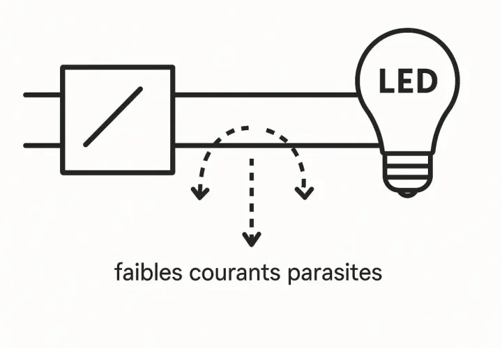 Schéma montrant un circuit avec une ampoule LED. Des flèches indiquent de faibles courants parasites, même hors tension, une solution est nécessaire.
