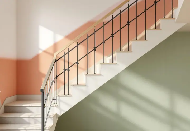 Escalier moderne avec rampe en bois et barreaux noirs. Les murs sont peints en deux tons : pêche et vert sauge, une couleur escalier tendance.