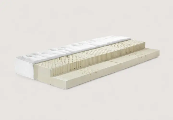 Coupe d'un matelas en latex montrant ses différentes couches. La qualité du latex garantit une longue durée de vie matelas latex.