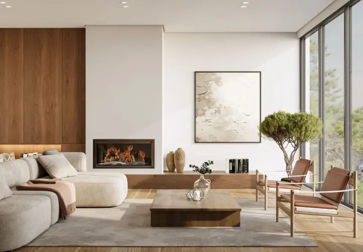 Salon moderne avec cheminée, canapé confortable et vue sur la nature. La hauteur du canapé est parfaite pour se détendre.