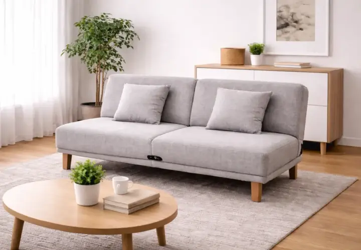 Canapé convertible gris, prêt à basculer en lit d'appoint. Un clic clac qui bascule pour plus de confort.
