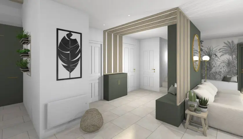 Aménagement entrée ouverte avec banc, meuble vert, et décoration murale végétale.