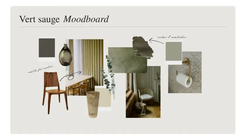 Moodboard "Vert sauge" : mobilier en bois sombre, rideaux, vase, et touches de couleur d'accentuation sur un mur vert sauge.