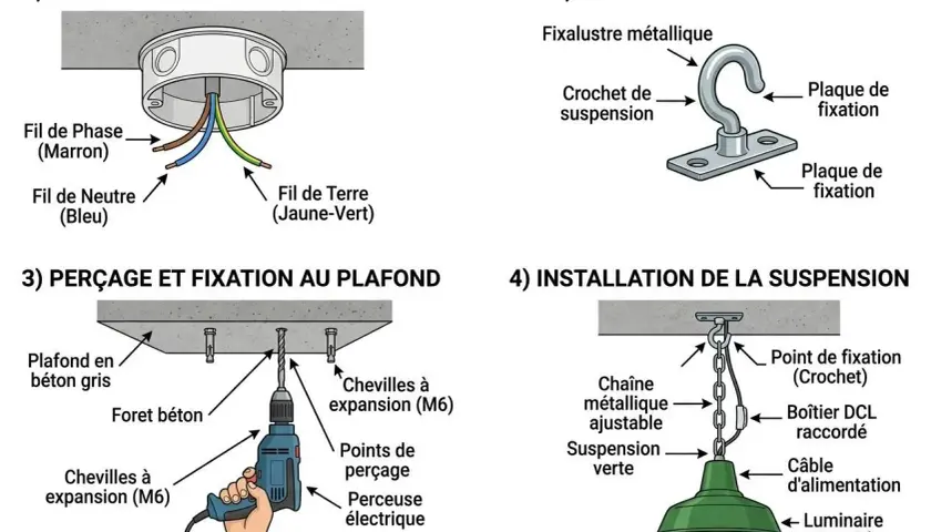 Étapes pour installer luminaire plafond : préparation du boîtier DCL, fixation métallique, perçage et installation de la suspension.