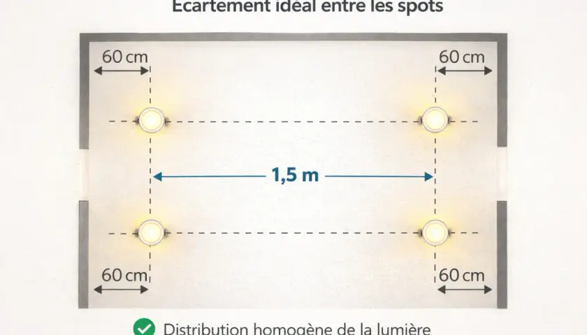 Schéma montrant l'écartement idéal entre les spots : 60 cm des bords et 1,5 m entre eux pour une distribution homogène de la lumière.