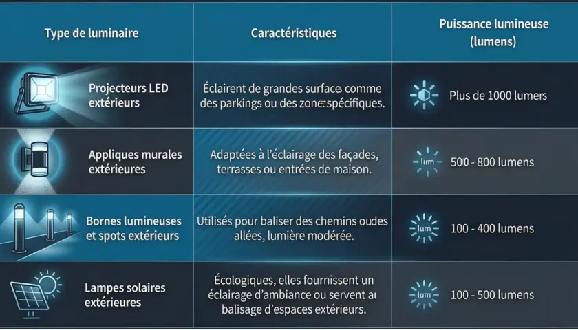 Tableau comparatif des types de luminaires extérieurs et leur puissance, utile pour la réglementation éclairage. Projecteurs, appliques, bornes et lampes solaires sont détaillés.