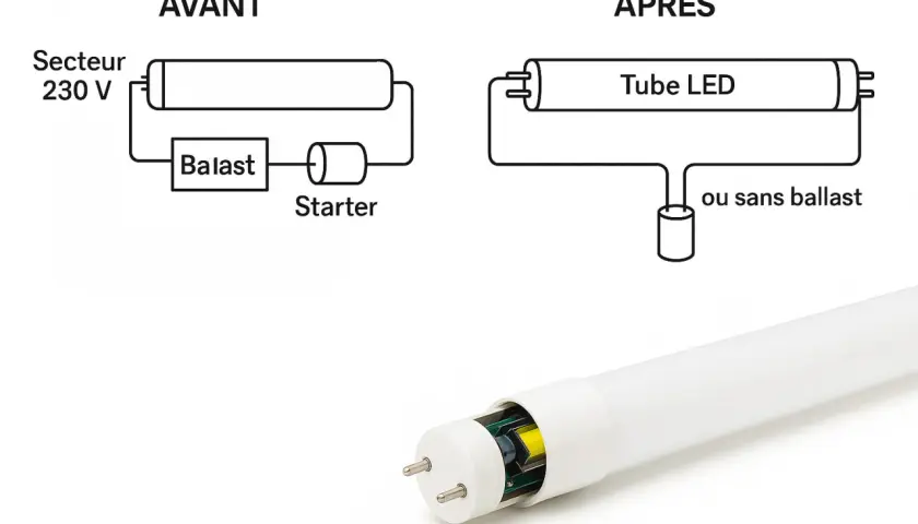 Schéma comparant un ancien système d'éclairage avec ballast et starter à un tube LED moderne, fonctionnant sans ballast.