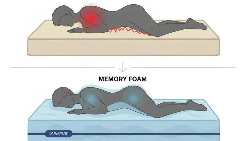 Comparaison de matelas : le matelas dur cause des points de pression douloureux pour ceux qui dorment sur le côté, tandis que le matelas en mousse à mémoire de forme épouse le corps.