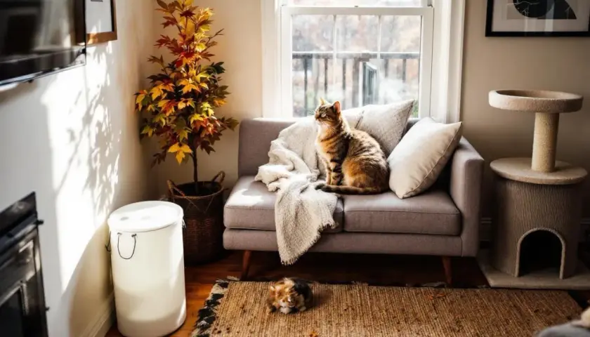 Quel canapé quand on a un chat ! Un grand félin brun trône sur le canapé gris, tandis qu'un autre se repose sur le tapis. Un arbre à chat et une plante d'intérieur complètent ce décor cosy.