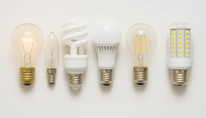 Six ampoules de différents types, dont une incandescente allumée. Peut-on mettre une ampoule 60W au lieu de 40W ?