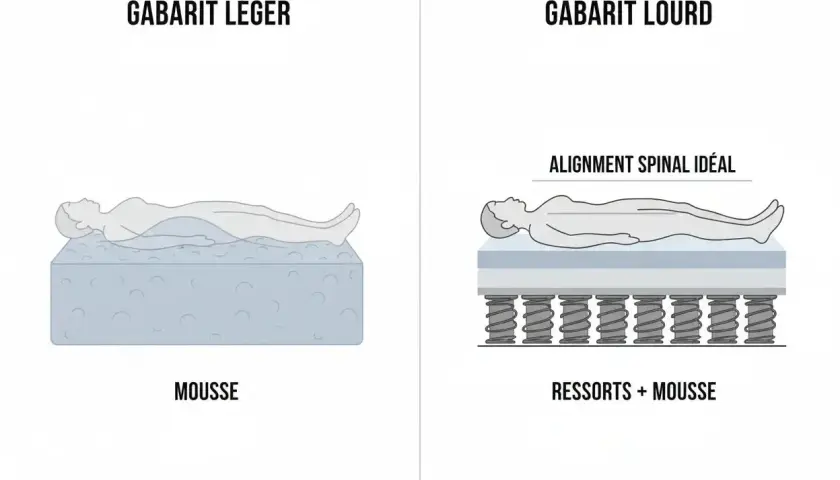 Pour une personne de plus de 100 kg, un matelas à ressorts et mousse offre un meilleur soutien et alignement spinal qu'un matelas en mousse seul.