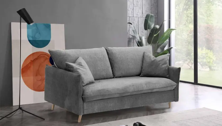 Canapé gris confortable avec coussins, idéal pour un salon moderne. Les dimensions canapé sont parfaites pour un petit espace.