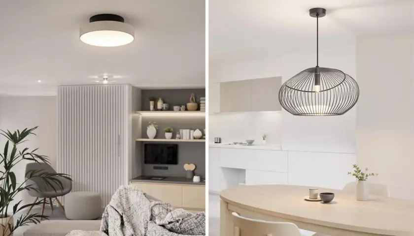 Un salon moderne avec un luminaire classe 2 sans terre au plafond et une cuisine épurée avec une suspension design au-dessus d'une table en bois.