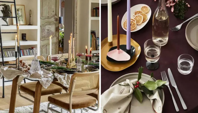 Ambiance chaleureuse pour une deco table nouvel an nature : bougies, verres à vin, et touches végétales créent une atmosphère festive et élégante.