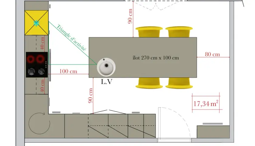 Plan de cuisine avec îlot central, évier, plaque de cuisson et réfrigérateur. L'espace autour de la table est optimisé pour un triangle d'activité fonctionnel.