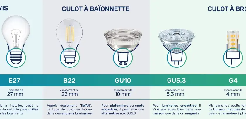 Différents types de culots d'ampoule : E14, E27, B22, GU10, GU5.3, G4, G9.