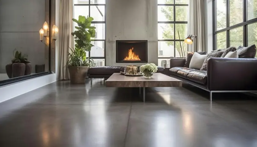 Un salon moderne avec un feu de cheminée crépitant, un canapé en cuir confortable et un sol en béton ciré brillant reflétant la lumière.