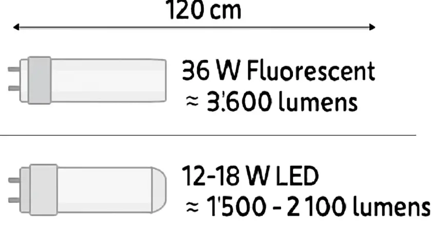 Comparaison de la consommation d'un tube néon 120 cm (36W, 3600 lumens) et d'un tube LED (12-18W, 1500-2100 lumens).