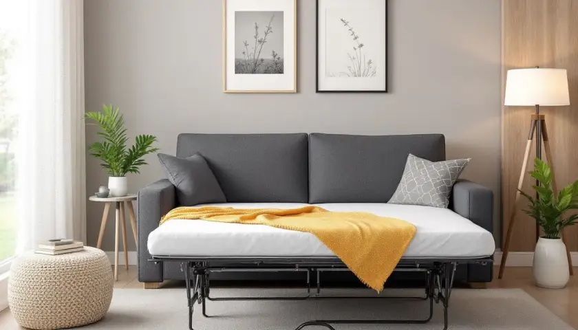 Un canapé-lit gris transformé en lit, prêt à accueillir des invités. Une couverture jaune apporte une touche de chaleur à cette chambre.
