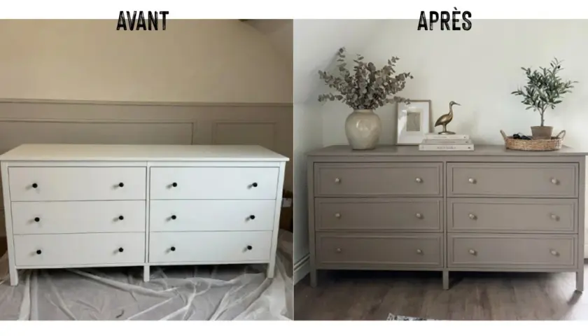 Avant/après : un relooking meuble réussi. La commode blanche devient taupe, plus chic et décorée.