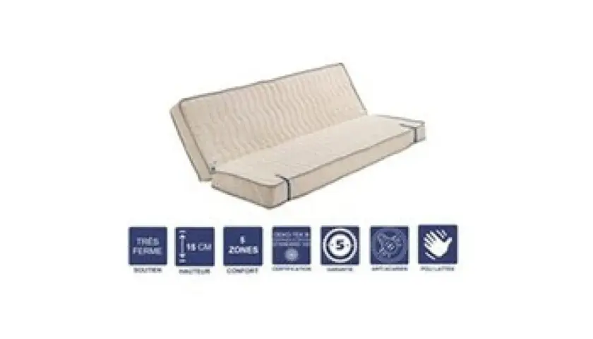 Matelas clic clac beige, très ferme, 18 cm d'épaisseur, 5 zones de confort. L'attache matelas clic clac maintient les deux parties ensemble.