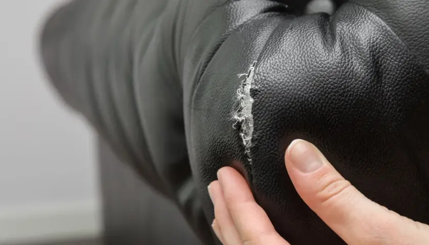 Un doigt touche une déchirure sur un canapé en cuir noir, montrant l'usure et affectant la durée de vie canapé.