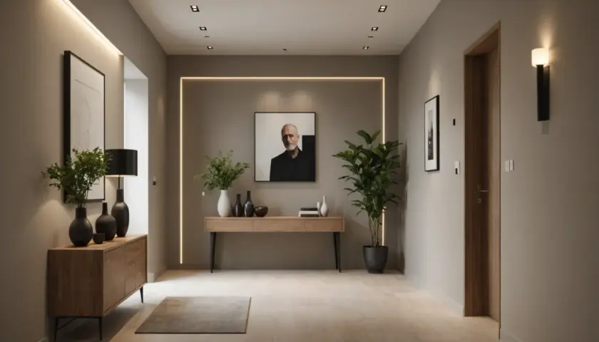 Un couloir moderne avec une **niche murale** illuminée, un portrait, des plantes et un meuble en bois.