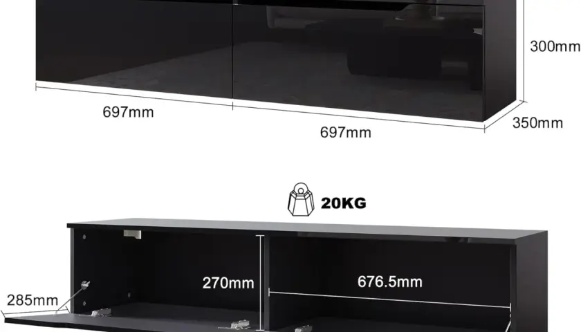 Meuble TV noir brillant, 140cm de long. Idéal pour choisir quelle taille de TV choisir pour un salon. Poids max 20kg.