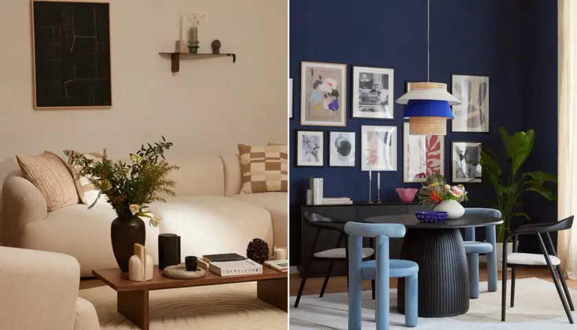Aménager un petit salon avec un canapé cosy, une table basse en bois et une décoration murale. À droite, une salle à manger moderne avec une table ronde, des chaises bleues et une suspension design.
