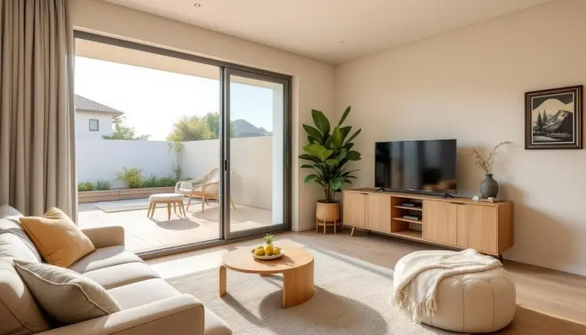Aménager salon avec 2 baies vitrées pour un espace lumineux. Canapé, table basse, meuble TV en bois, pouf et plante verte créent une ambiance chaleureuse.