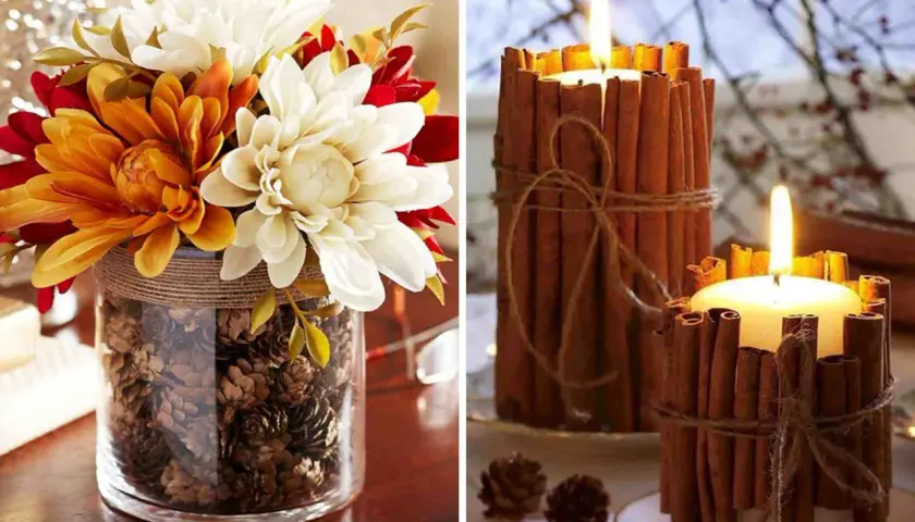 Bouquet d'automne dans un vase rempli de pommes de pin, et bougies décorées de bâtons de cannelle. Idées de deco automne a faire soi meme.