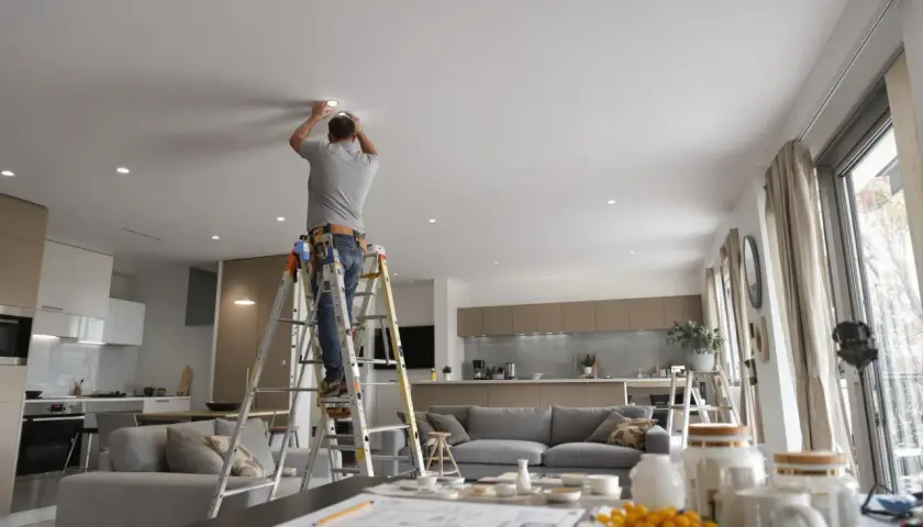 Un homme installe des ampoules LED au plafond d'un salon moderne. La puissance de ces ampoules LED salon assure un éclairage optimal.