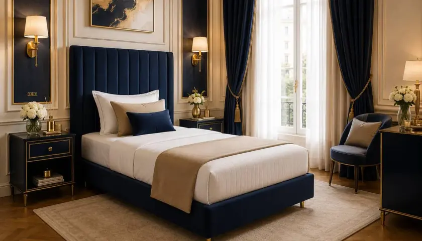 Chambre luxueuse avec lit bleu marine, idéal pour une personne. La largeur matelas 1 place est parfaite pour ce couchage élégant.